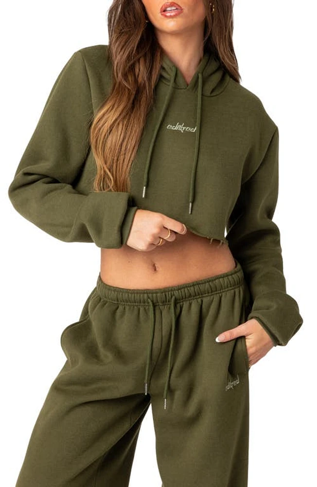 EDIKTED Breanna Cotton Blend Crop Hoodie Olive at Nordstrom,