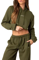 EDIKTED Breanna Cotton Blend Crop Hoodie Olive at Nordstrom,