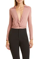 Donna Karan New York Twist Front Plunge Long Sleeve Crepe Jersey Bodysuit in Rose at Nordstrom, Size X-Small