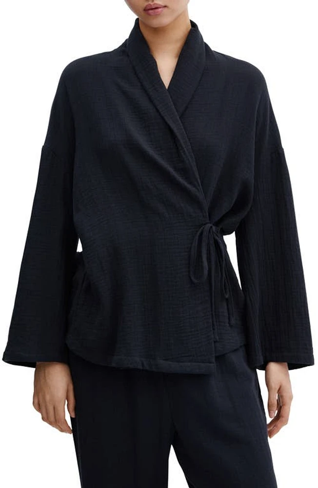 MANGO Wrap Cotton Pajama Shirt in Dark Navy at Nordstrom, Size Medium