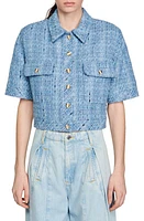 sandro Nelle Short Sleeve Tweed Crop Jacket in Blue at Nordstrom, Size 4