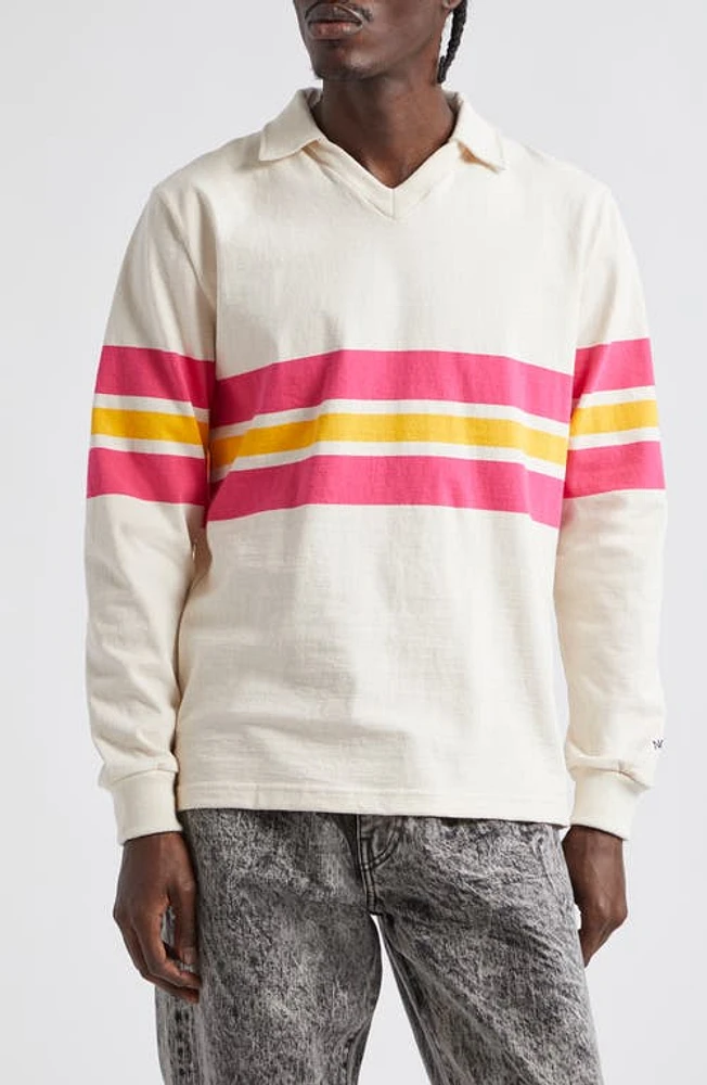 Noah Pitch Practice Stripe Long Sleeve Polo Ivory/Rose/Gold at Nordstrom,