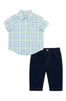 Little Me Plaid Short Sleeve Button-Up Shirt & Jeans Set Blue at Nordstrom,