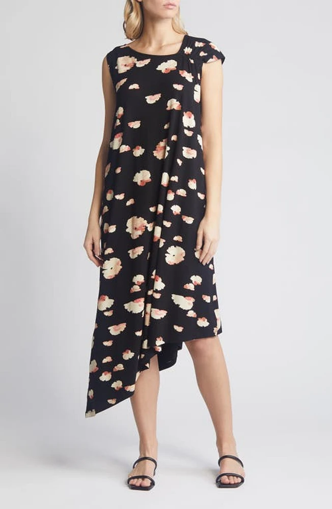 Masai Copenhagen Okta Floral Print Asymmetric Midi Dress Black/Hibiscus at Nordstrom,