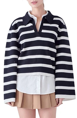 English Factory Stripe Crop Polo Sweater in Black/White at Nordstrom, Size Medium