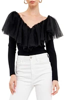 Endless Rose Pleated Ruffle Mesh Mixed Media Top at Nordstrom,