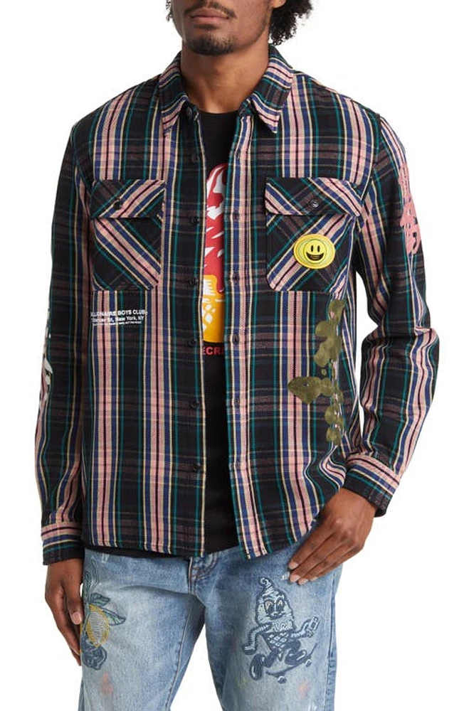 Billionaire Boys Club Mantra Plaid Embroidered Button-Up Overshirt Black at Nordstrom,