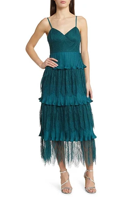 Lulus Tier For The Romance Plissé & Lace Cocktail Dress Emerald Green at Nordstrom,