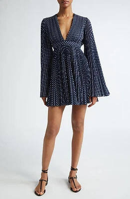 Michael Kors Pleated Long Sleeve Minidress Midnight/Optic White at Nordstrom,