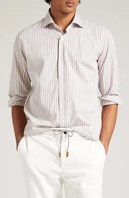 Eleventy Pinstripe Cotton Button-Up Shirt Sand at Nordstrom,