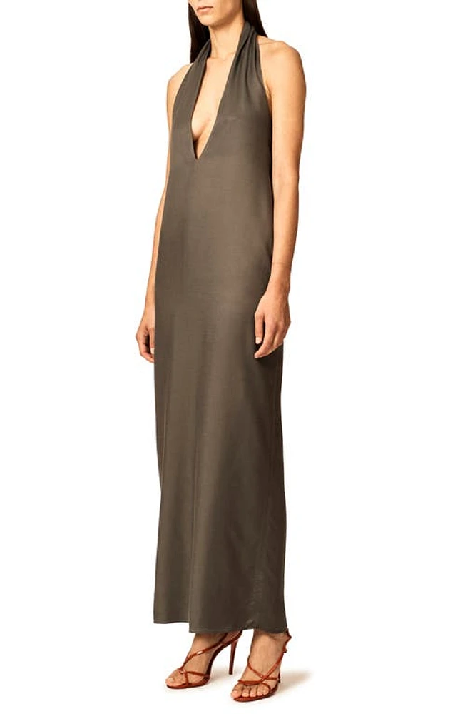 Interior The Sybil Plunge Neck Satin Twill Halter Dress Steel at Nordstrom,