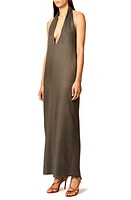 Interior The Sybil Plunge Neck Satin Twill Halter Dress Steel at Nordstrom,