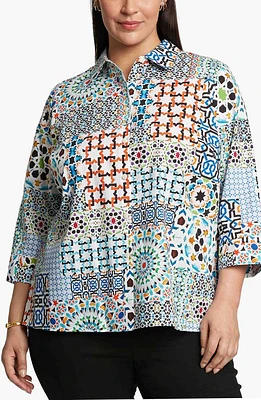 Foxcroft Kelly Mix Print Cotton Button-Up Shirt Multi Blue at Nordstrom,