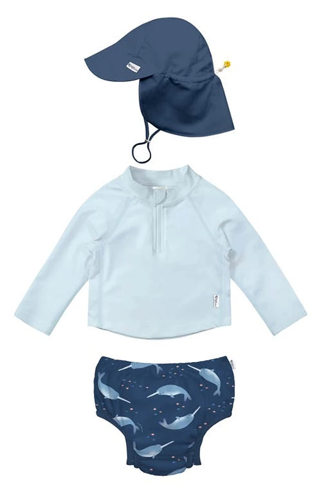 Green Sprouts Long Sleeve Two-Piece Rashguard Swimsuit & Sun Hat Set in Navy Narwhal at Nordstrom