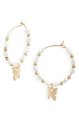 BP. Imitation Pearl Butterfly Hoop Earrings in Gold-White at Nordstrom