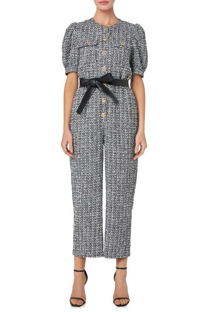 English Factory Tweed Puff Sleeve Ankle Jumpsuit Black/White at Nordstrom,