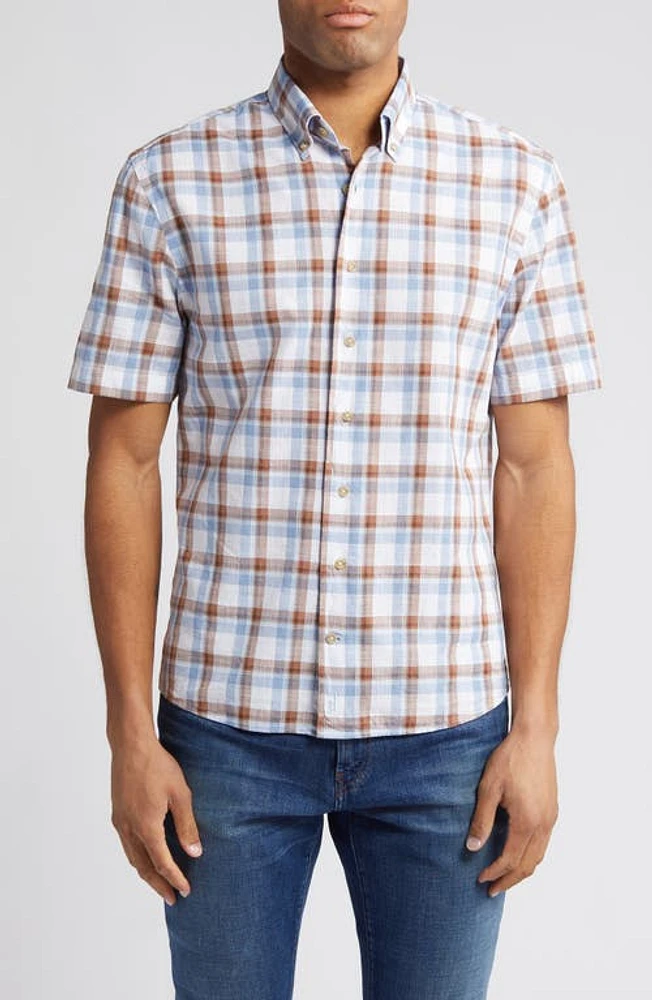 johnnie-O Bennett Plaid Short Sleeve Button-Down Shirt Havana Brown Blue at Nordstrom,