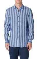 Bugatchi Julian Shaped Fit Stripe Linen Button-Up Shirt Classic Blue at Nordstrom,