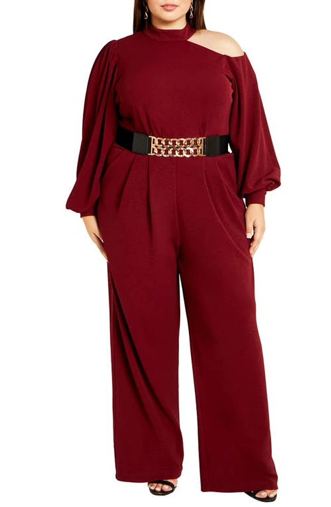 City Chic Charlie Shoulder Cutout Long Sleeve Jumpsuit Ruby at Nordstrom