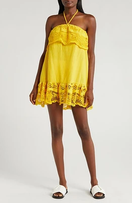 FARM Rio Guipure Lace Halter Linen Blend Cover-Up Minidress Yellow at Nordstrom,