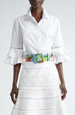 Carolina Herrera Flounce Ruffle Poplin Button-Up Shirt White at Nordstrom,