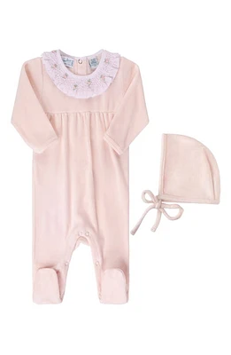 Feltman Brothers Smocked Collar Velour Footie & Bonnet Set Pink at Nordstrom,