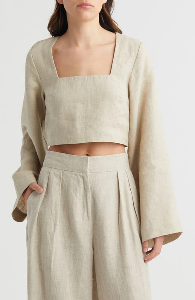 Faithfull the Brand Long Sleeve Linen Crop Top Natural at Nordstrom,