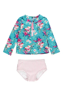 RuffleButts Kids' Fancy Me Floral Long Sleeve Two-Piece Rashguard Swimsuit Blue at Nordstrom,