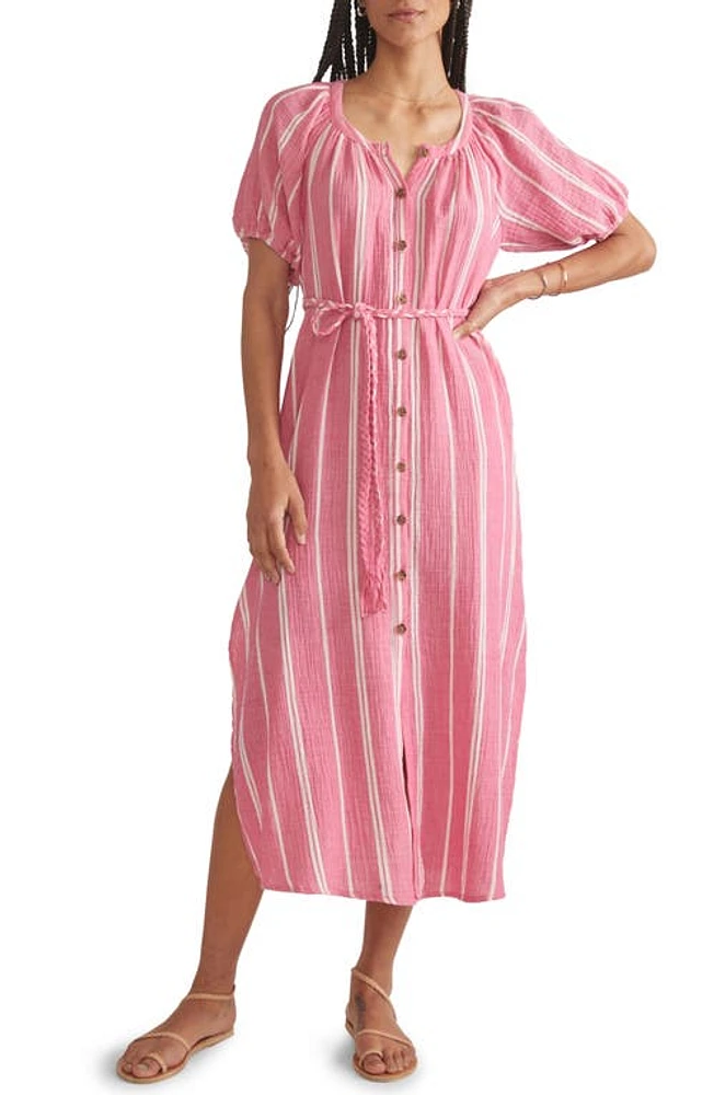 Marine Layer Stripe Belted Double Cloth Midi Shirtdress Fuschia at Nordstrom,