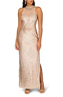 Aidan Mattox by Adrianna Papell Bead & Sequin Illusion Neck Column Gown Champagne at Nordstrom,