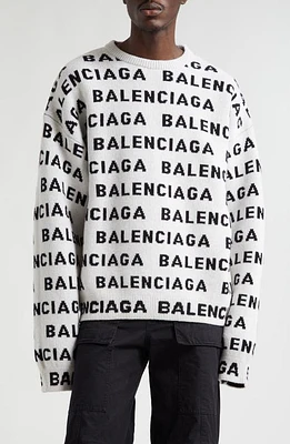 Balenciaga Allover Logo Wool Blend Crewneck Sweater White/Black at Nordstrom,