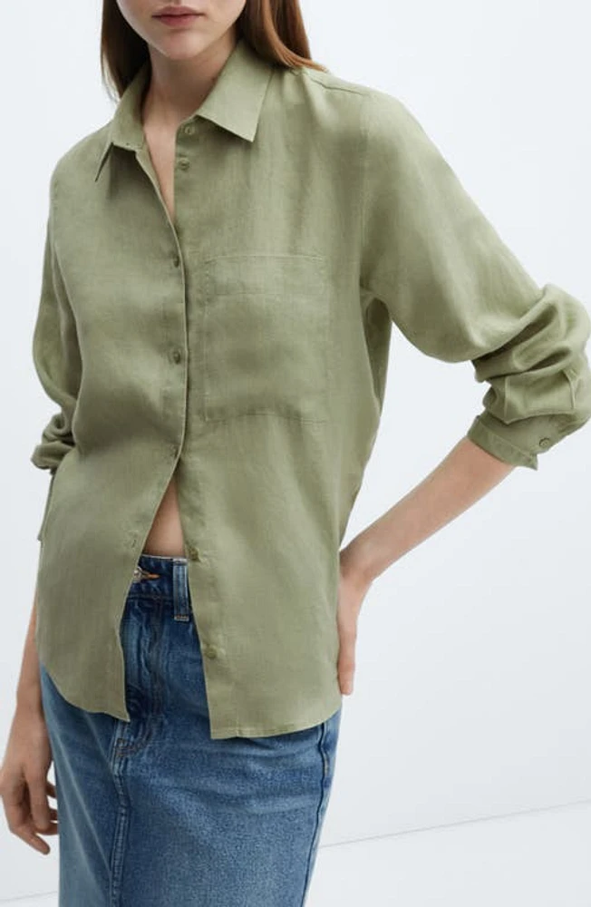 MANGO Lino Linen Shirt Green at Nordstrom,