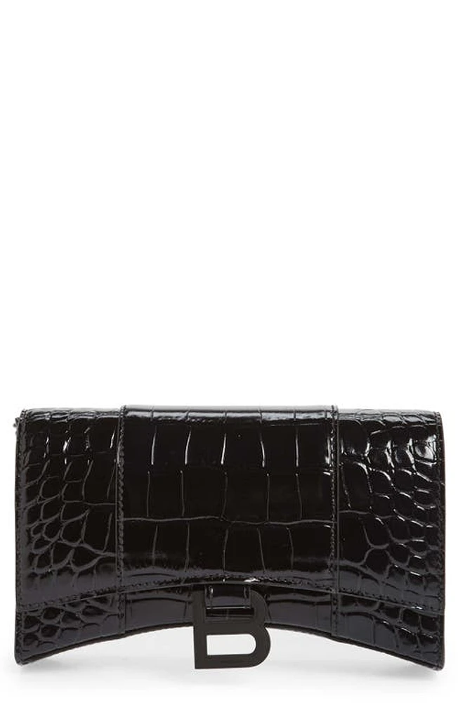 Balenciaga Hourglass Croc Embossed Leather Wallet on a Chain in Black at Nordstrom