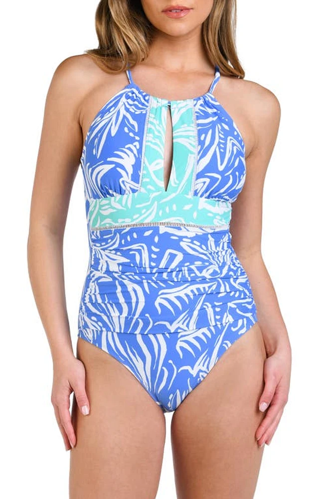 La Blanca Beachside Bay High Neck Keyhole One-Piece Swimsuit Chambray at Nordstrom,