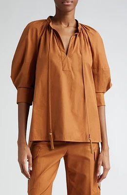 Max Mara Carpi Lantern Sleeve Cotton Poplin Top Tobacco at Nordstrom,