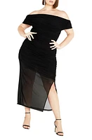 City Chic Marianne Off the Shoulder Ruched Mesh Midi Dress in Black at Nordstrom