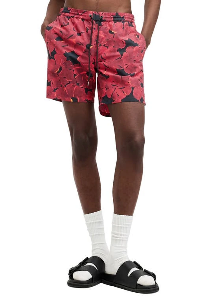 AllSaints Kaza Swim Trunks Jet Black/Burgundy at Nordstrom,