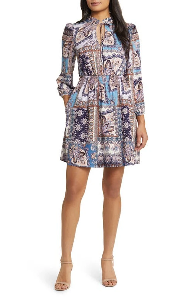 Vince Camuto Print Ruffle Tie Neck Long Sleeve Dress Blue at Nordstrom,