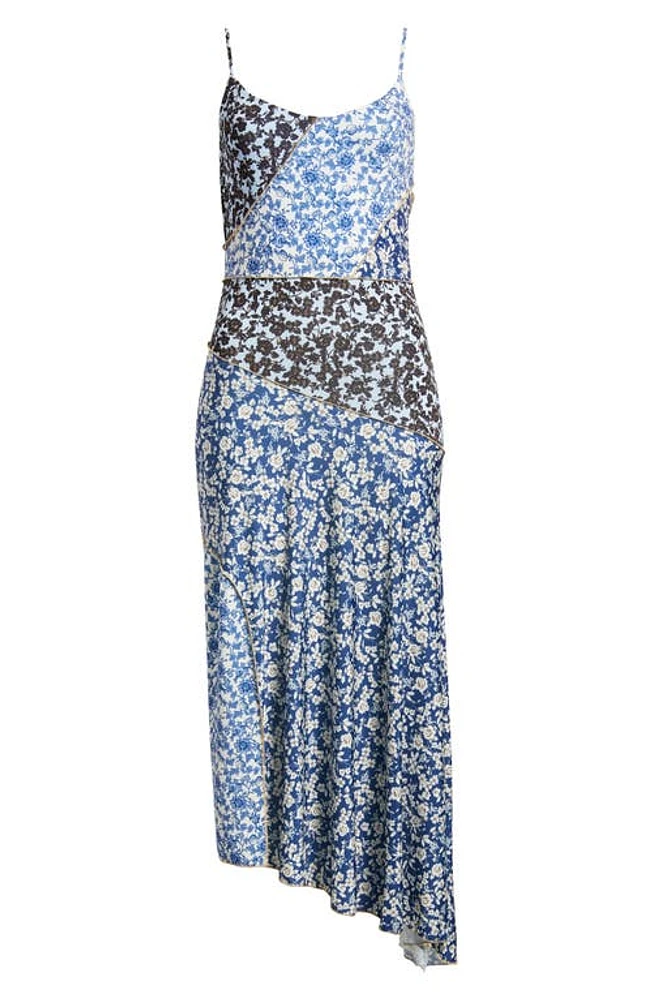 MANGO Mixed Floral Asymmetric Knit Dress Medium Blue at Nordstrom,