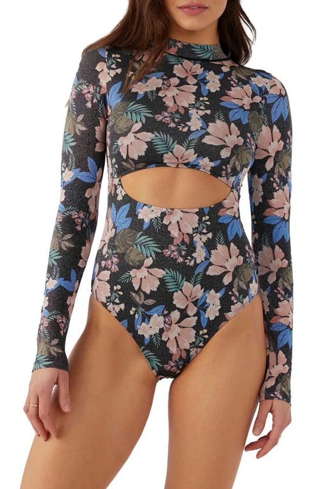 O'Neill Matira Tropical Oxnard Long Sleeve One-Piece Rashguard Swimsuit Black at Nordstrom,