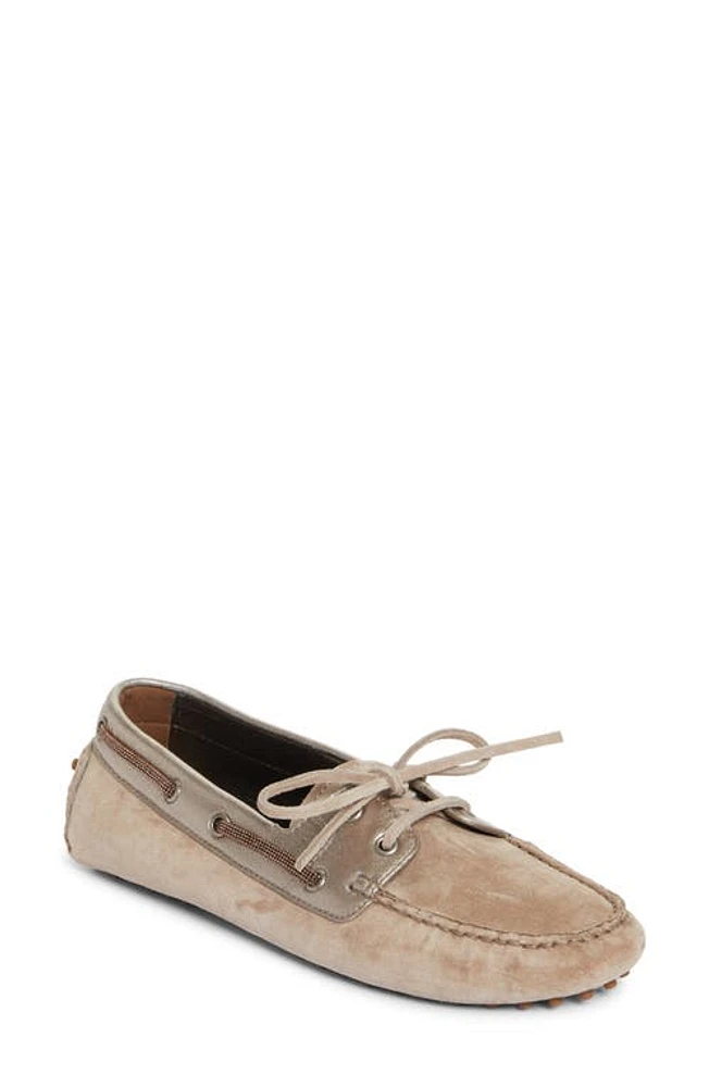 Brunello Cucinelli Monili Trim Metallic Leather & Suede Driving Shoe Light Brown at Nordstrom,