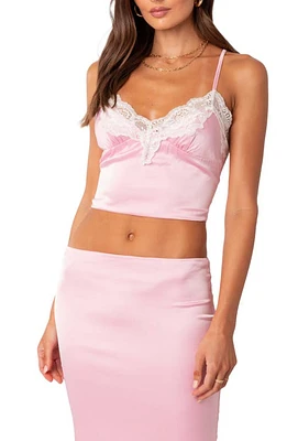 EDIKTED Brandi Lace Trim Satin Crop Camisole Pink at Nordstrom,