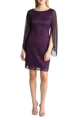 Connected Apparel Women's Cape Long Sleeve Lace Cocktail Dress Aubergine at Nordstrom,