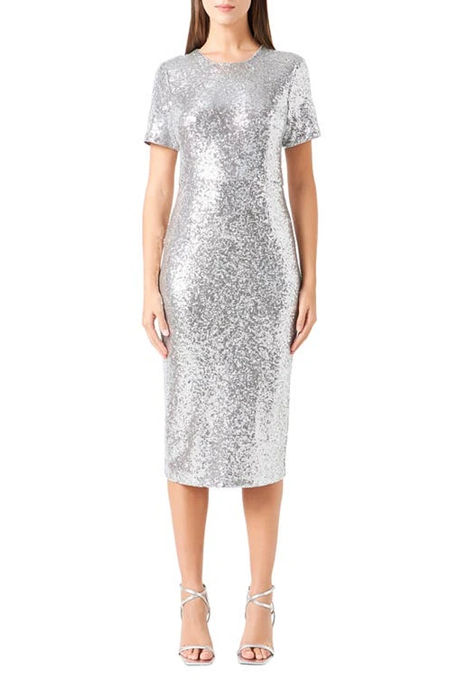 Endless Rose Sequin Short Sleeve Midi Sheath Dress Silver at Nordstrom,