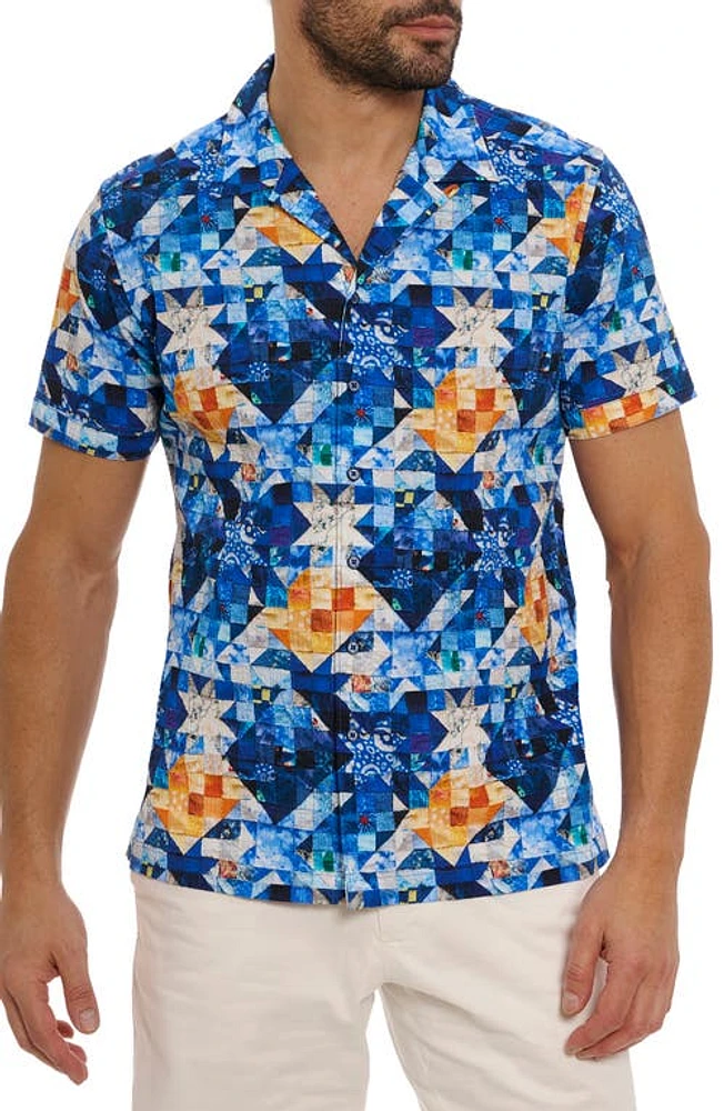 Robert Graham Sashiko Geometric Print Stretch Cotton Camp Shirt Blue Multi at Nordstrom,