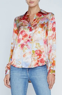 L'AGENCE Tyler Floral Print Silk Shirt Pink Multi Soft Cloud at Nordstrom,