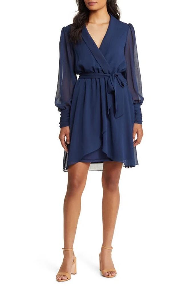 Julia Jordan Long Sleeve Chiffon Faux Wrap Dress Navy at Nordstrom,