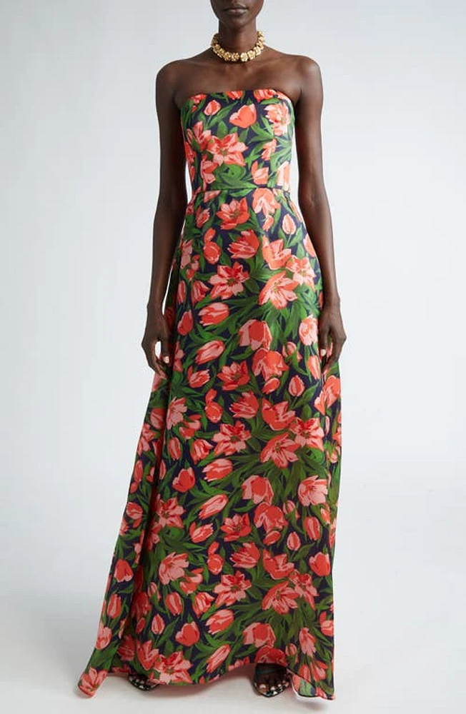 Carolina Herrera Floral Strapless Silk Gown Midnight Multi at Nordstrom,