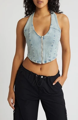 PacSun Corset Denim Crop Halter Top Hazy Blue Indigo at Nordstrom,