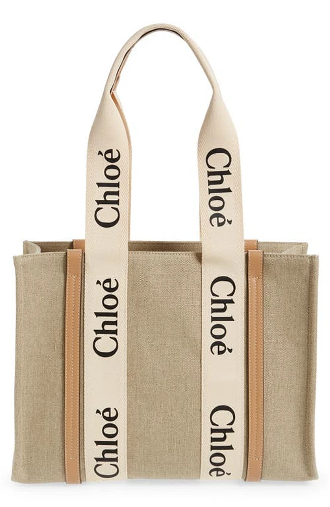 Chloé Medium Woody Linen Tote in White - Beige 1 at Nordstrom